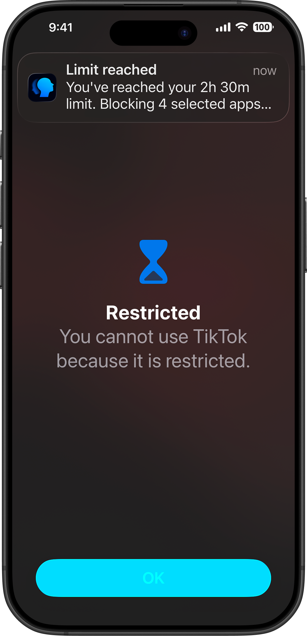 DopaMind app screen showing distracting apps blocked after reaching a screen time limit.