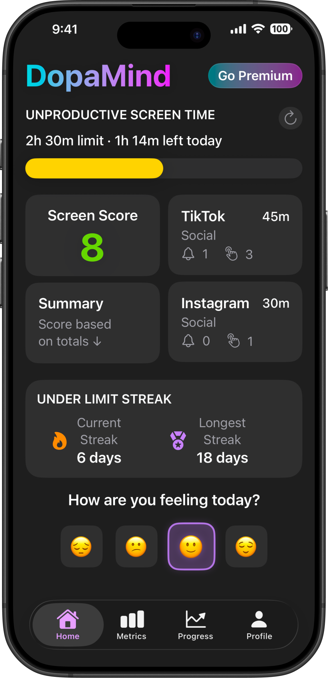 DopaMind app home screen showing the user's smart screen time limit and progress.