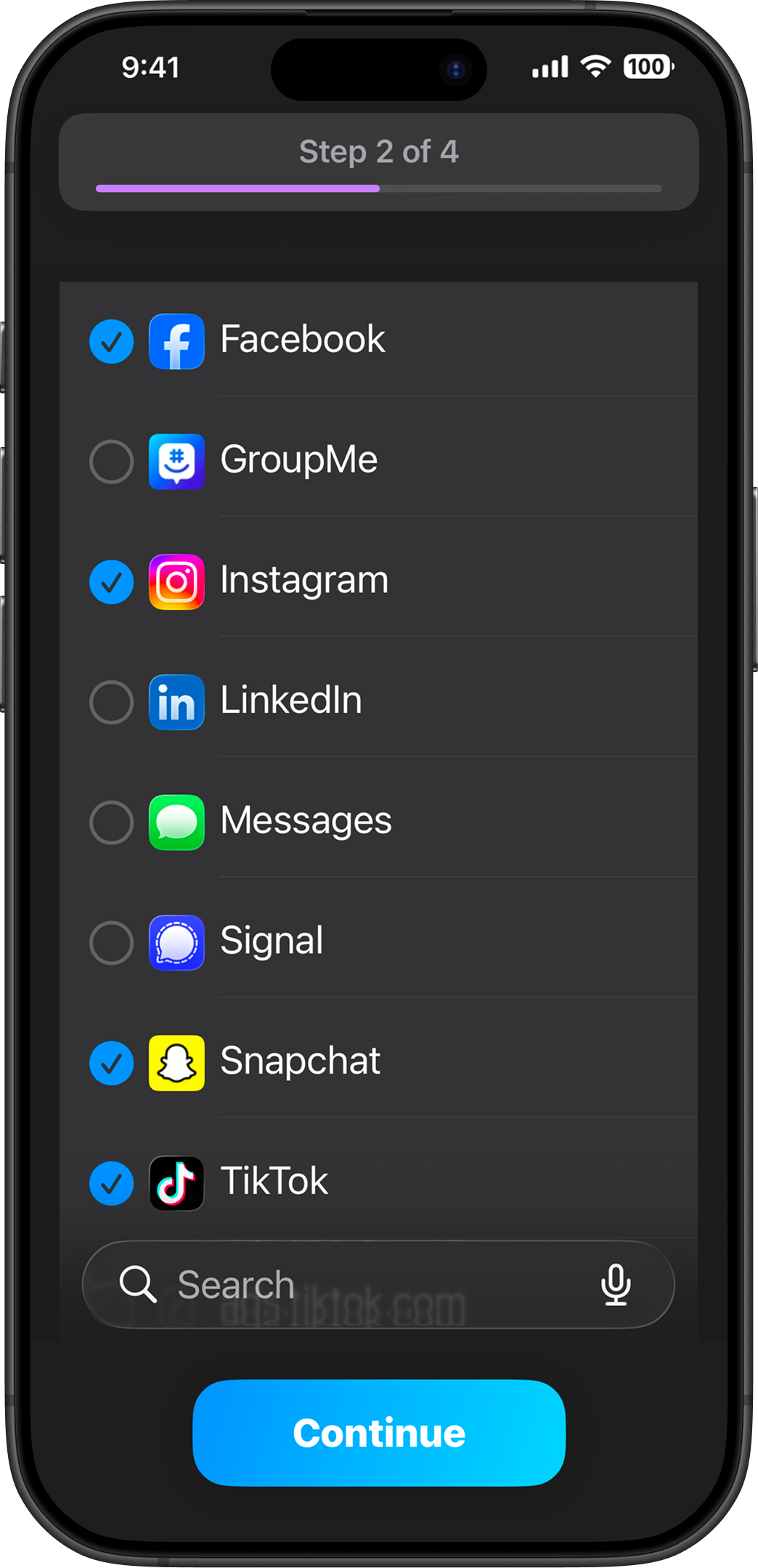 DopaMind app screen for choosing distracting apps to manage.